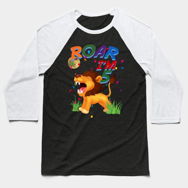 Kids 5th Birthday ROAR I'm 5 Year Old Shirt Boys Lion Safari Gift Baseball T-Shirt by GillTee